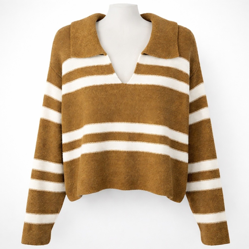 Striped Textured Knit Polo Sweater Size M Brown Coastal Lounge Preppy Resortwear